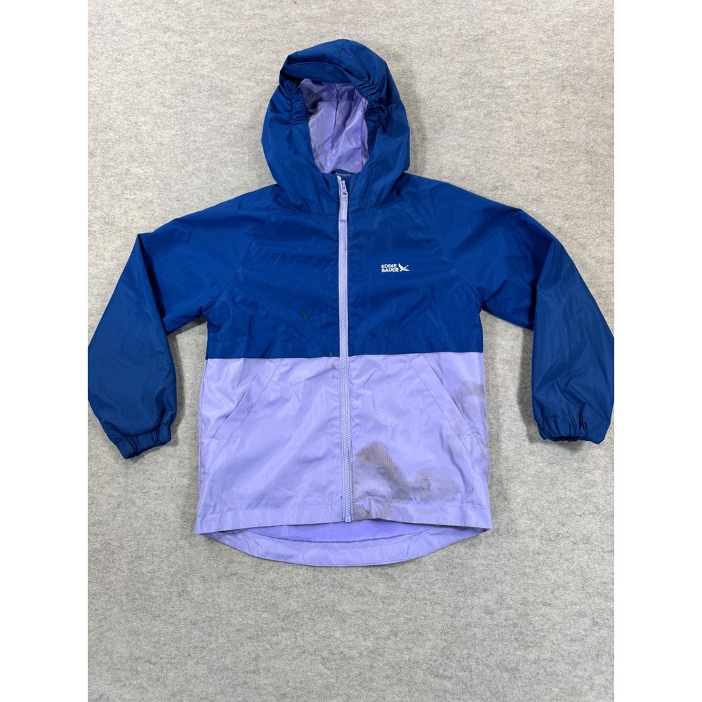 Eddie Bauer Windbreaker Jacket Kids S(7/8) Blue Lavender Colorblock Logo Hooded